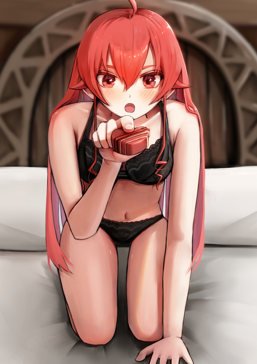 1girl absurdres ahoge bed_sheet black_bra black_panties blurry blush box box_of_chocolates bra breasts depth_of_field door dot_nose eris_greyrat gift hair_between_eyes highres holding holding_gift indoors kaneko_ryou kneeling long_hair mushoku_tensei navel on_bed open_mouth panties red_eyes red_hair small_breasts solo underwear underwear_only valentine