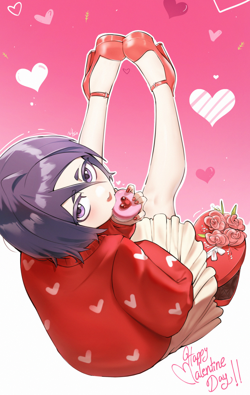 1girl absurdres bleach box chocolate eating from_above gift hair_between_eyes happy_valentine heart heart-shaped_box heart_background heart_print highres kuchiki_rukia looking_at_viewer purple_eyes purple_hair red_footwear skirt strappy_heels valentine waligner white_skirt