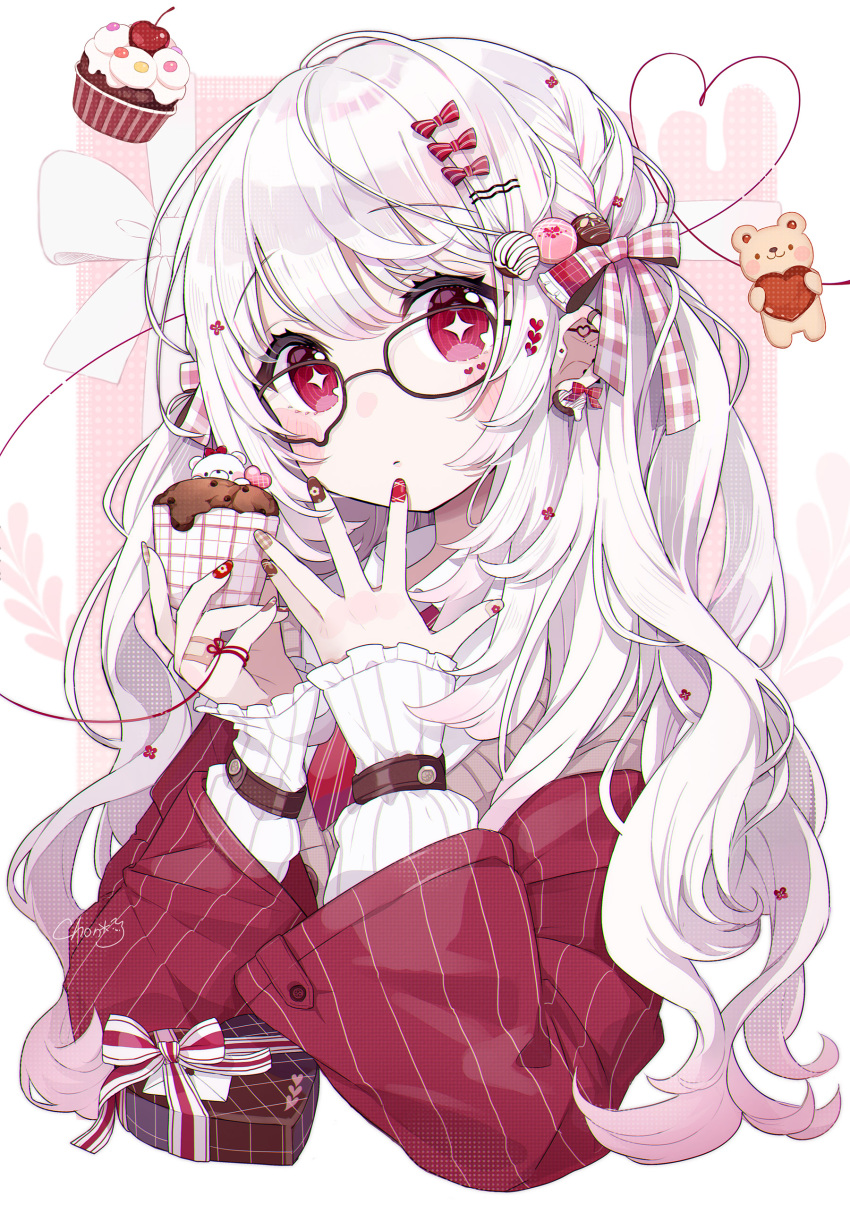 +_+ 1girl absurdres black-framed_eyewear bow box chon_(chon33v) closed_mouth collared_shirt commentary_request cropped_torso cupcake ear_piercing food food-themed_hair_ornament gift gift_box glasses hair_bow hair_ornament hairclip hands_up heart-shaped_box highres holding holding_food jacket long_hair long_sleeves multicolored_nails nail_art original piercing pink_background puffy_long_sleeves puffy_sleeves red_bow red_eyes red_jacket shirt sleeves_past_wrists solo striped_bow two-tone_background upper_body valentine very_long_hair white_background white_bow white_hair white_shirt