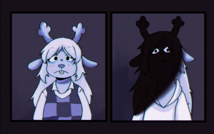 alternate_(species) anthro antlers black_eyes buckteeth clothed clothing creepy darkness deer deltarune dress duo ears_down female freckles hair hi_res horn long_hair looking_at_viewer lynyellow mammal mandela_catalogue mimicry monochrome mugshot new_world_deer noelle_holiday obscured_face photo pivoted_ears purple_theme reindeer scary shadow_face shadowed_face shirt solo sweater teeth thousand_yard_stare topwear undertale_(series)