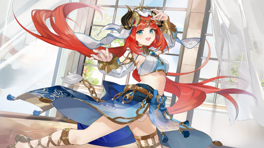 1girl arm_up armpit_cutout blue_eyes blue_nails blue_skirt breasts clothing_cutout commentary_request crop_top fake_horns genshin_impact gladiator_sandals highres horns indoors long_hair long_sleeves low_twintails midriff nail_polish nilou_(genshin_impact) official_art red_hair sandals second-party_source skirt small_breasts solo stomach thighlet twintails veil very_long_hair window