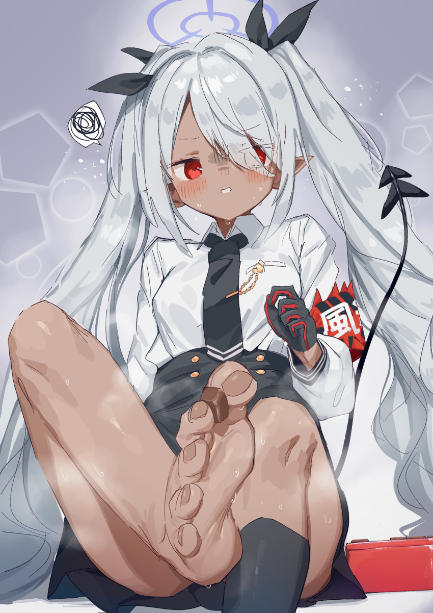 1girl barefoot between_toes black_skirt blue_archive blush chocolate dark-skinned_female dark_skin demon_girl demon_tail feet food foot_focus giving gloves grey_hair hair_between_eyes halo highres holding holding_food holding_with_feet incoming_food iori_(blue_archive) liely long_hair looking_at_viewer necktie no_shoes pleated_skirt red_eyes school_uniform shaded_face shirt sitting skirt solo spoken_squiggle squiggle steam steaming_body tail toes twintails valentine very_long_hair