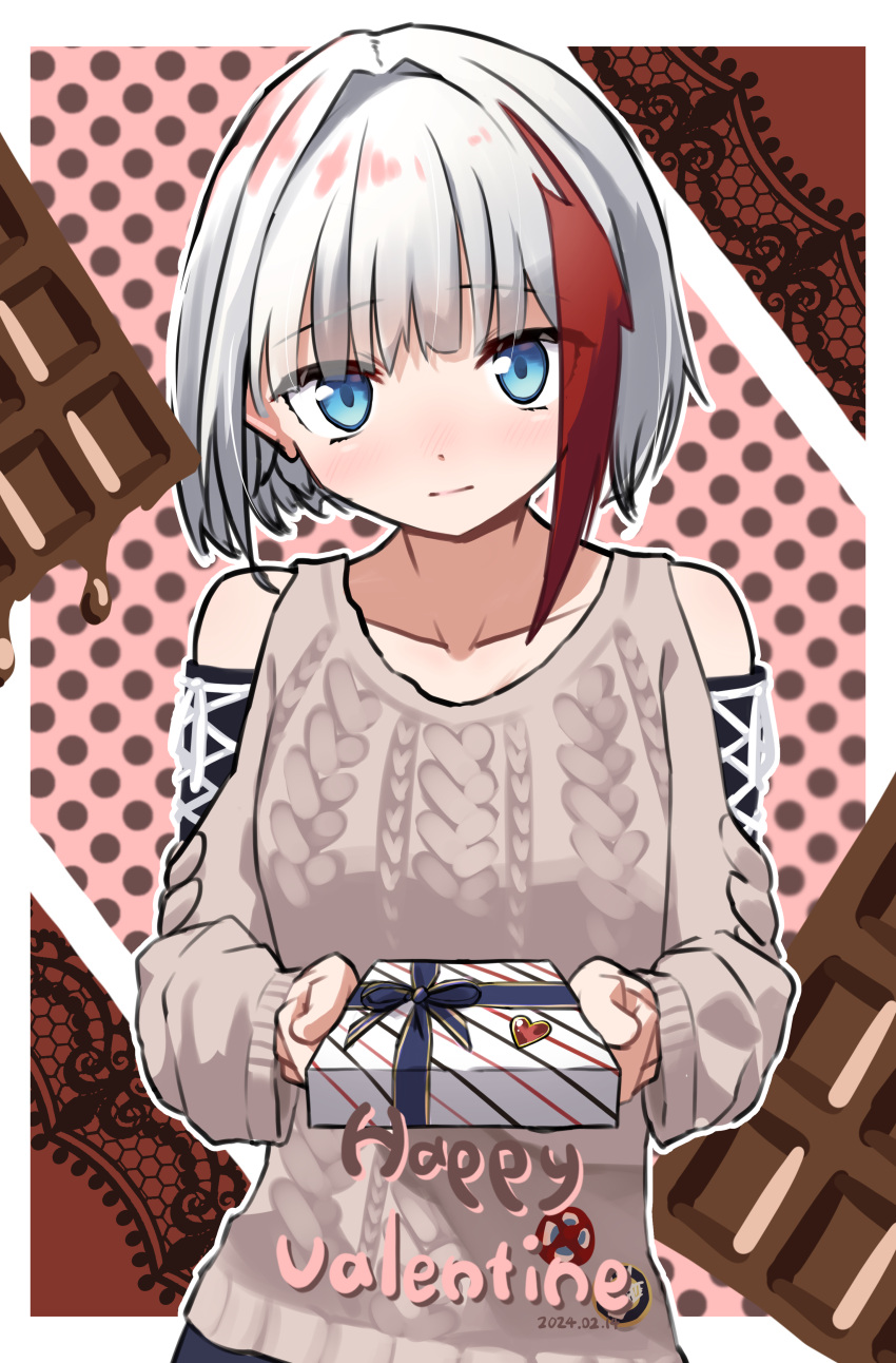 1girl absurdres admiral_graf_spee_(azur_lane) admiral_graf_spee_(peaceful_daily_life)_(azur_lane) azur_lane bare_shoulders blue_eyes blush chocolate commentary_request english_text gift hands_up happy_valentine heart highres holding holding_gift incoming_gift medium_hair multicolored_hair nervous polka_dot polka_dot_background poporoporoporo red_hair solo staring streaked_hair sweater two-tone_hair valentine white_hair