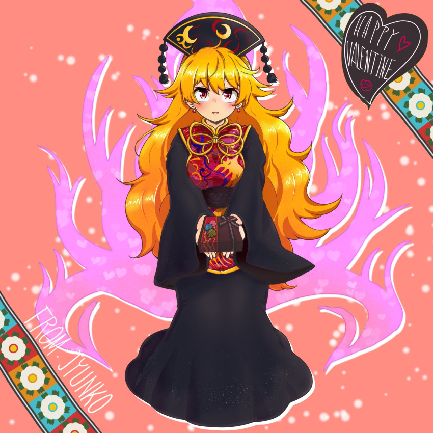 1girl aura black_dress black_headwear blonde_hair carbohydrate_(asta4282) dress earrings happy_valentine heart highres jewelry junko_(touhou) long_hair long_sleeves parted_lips phoenix_crown pom_pom_(clothes) red_eyes red_tabard sash solo tabard touhou very_long_hair wide_sleeves