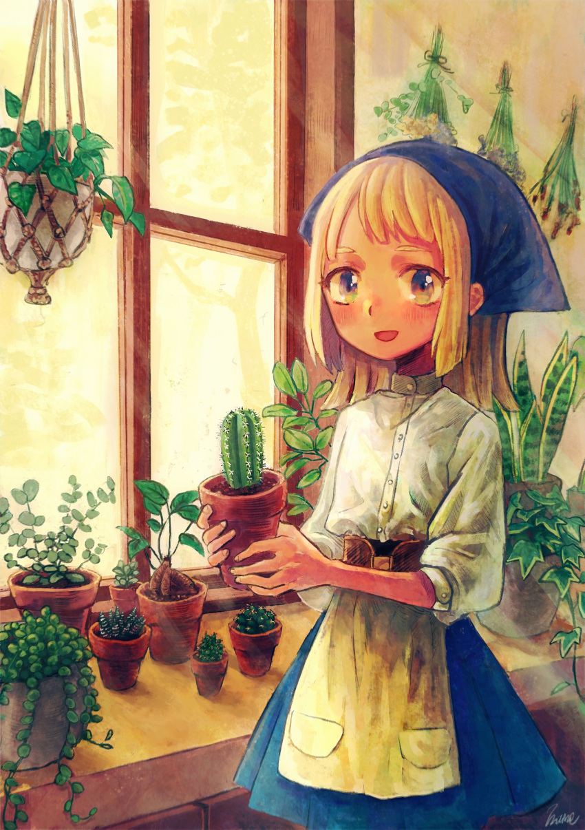 1girl absurdres apron blonde_hair blush cactus hanging_plant head_scarf highres holding holding_plant light_rays long_hair looking_at_viewer naname_(7name) open_mouth original plant potted_plant shirt_tucked_in skirt smile solo succulent_plant sunlight waist_apron window
