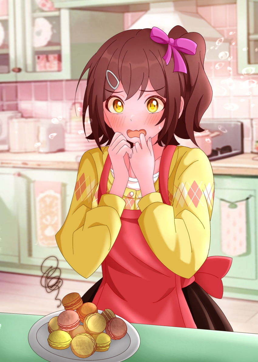 1girl :o absurdres apron black_skirt blush brown_hair cardigan failure food hair_ribbon highres idolmaster idolmaster_million_live! indoors kasuga_mirai kitchen looking_at_object macaron one_side_up raby_vivid red_apron ribbon skirt solo sweatdrop wavy_mouth yellow_cardigan yellow_eyes