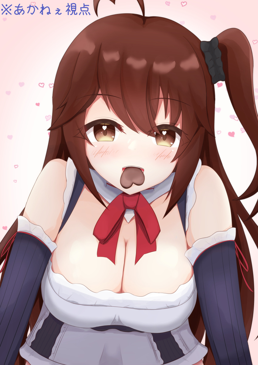 1girl absurdres ahoge assault_lily bare_shoulders black_dress black_scrunchie blush bow bowtie breasts brown_hair candy chocolate cleavage commentary_request detached_sleeves dress food food_in_mouth gradient_background hair_ornament hair_scrunchie heart heart-shaped_chocolate heart_ahoge heart_background highres large_breasts leaning_forward long_hair long_sleeves looking_at_viewer mouth_hold one_side_up parted_lips pink_background red_bow red_bowtie scrunchie shi_cha sleeveless sleeveless_dress smile solo takasuga_tsukushi teeth translated two-tone_dress upper_body upper_teeth_only valentine very_long_hair white_background white_dress