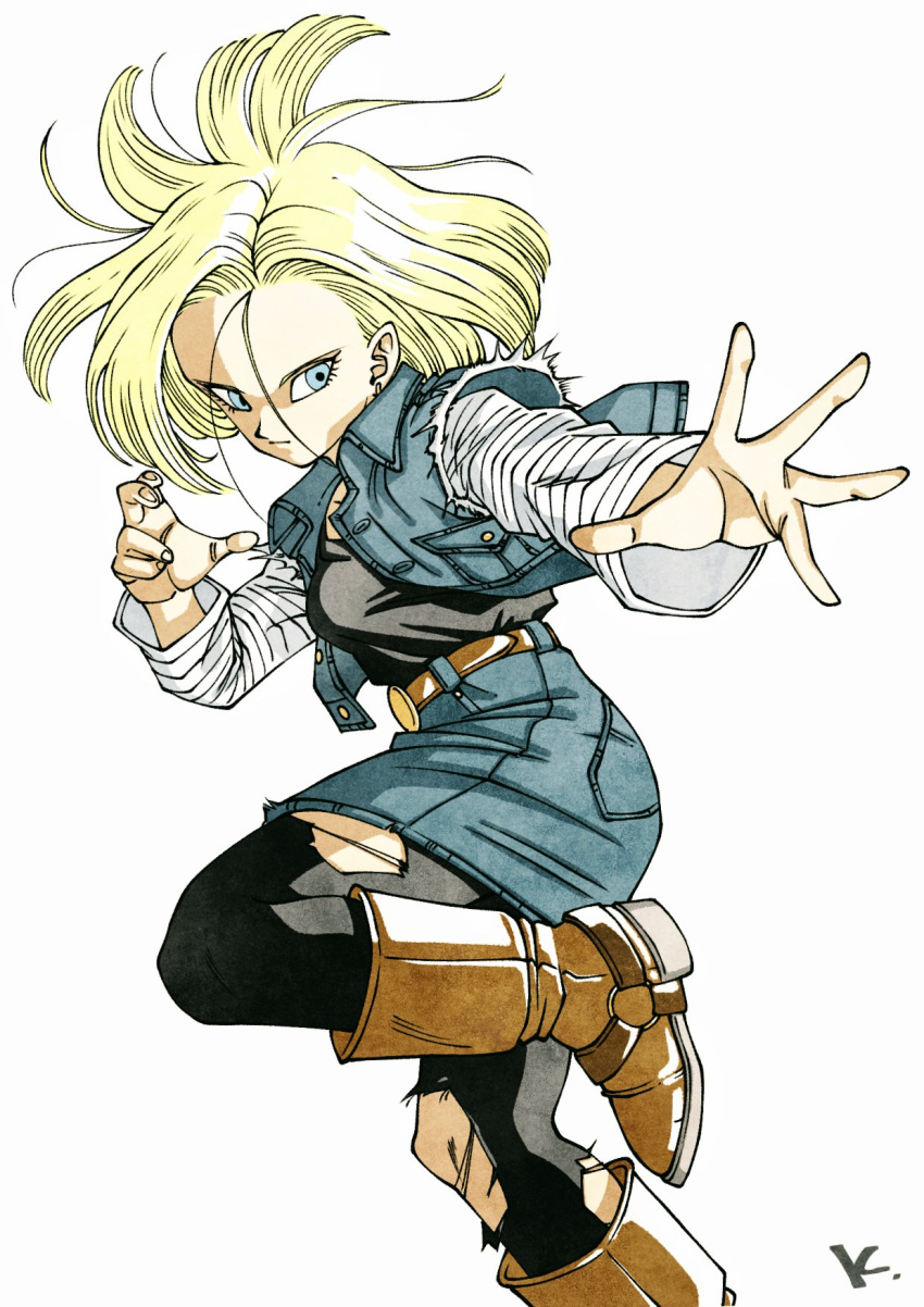 1girl android_18 black_pantyhose black_shirt blonde_hair blue_eyes boots brown_footwear denim denim_skirt denim_vest dragon_ball dragon_ball_z highres initial kakeru_(dbskakeru) knee_boots medium_hair official_style open_clothes open_vest pantyhose shirt simple_background skirt solo striped_sleeves toriyama_akira_(style) torn_clothes torn_pantyhose vest white_background white_sleeves