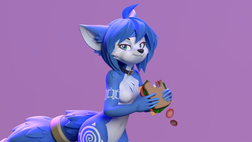 2024 3d_(artwork) accessory ahoge anthro arm_markings black_nose blue_body blue_fur blue_hair breasts canid canine chest_tuft collar digital_media_(artwork) eyebrows eyelashes featureless_breasts female food fox fruit fur furgonomics hair hi_res holding_food holding_object holding_sandwich inner_ear_fluff jewelry krystal krystal_can't_enjoy_her_sandwich leg_markings lemurfeature looking_at_viewer mammal markings meme navel nintendo nude plant ring sandwich_(food) short_hair solo star_fox tail tail_accessory tail_jewelry tail_ring teal_eyes thigh_markings tomato tuft white_body white_fur