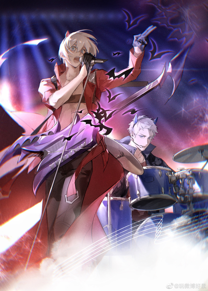 absurdres band bass_guitar bat_(animal) belt_bra blue_eyes coat dante_(devil_may_cry) devil_may_cry_(series) devil_may_cry_3 devil_may_cry_5 e_(h798602056) electric_guitar fingerless_gloves gloves guitar highres holding instrument jacket looking_at_viewer male_focus multiple_boys music nero_(devil_may_cry) open_mouth playing_instrument red_coat short_hair singing white_hair