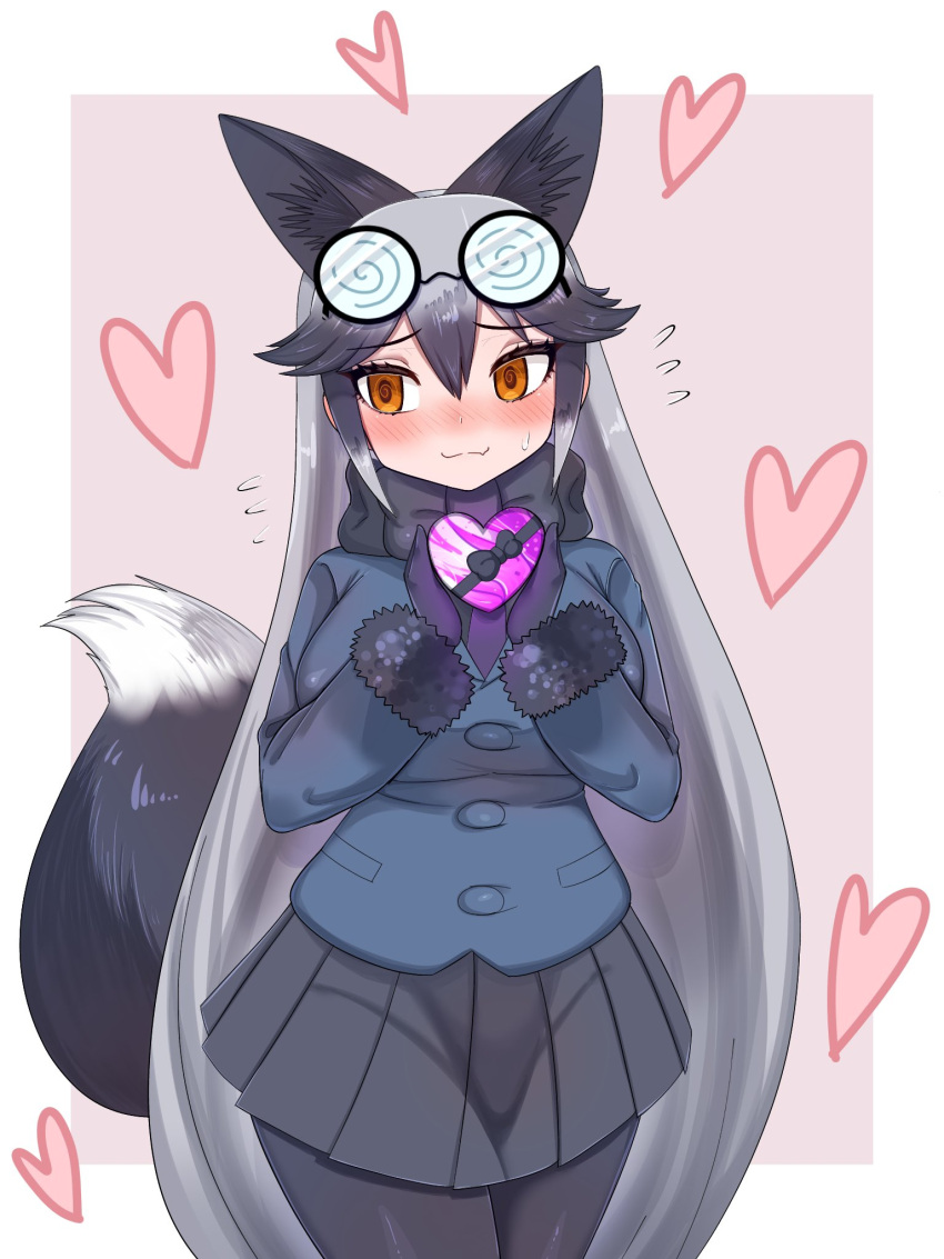 1girl animal_ears aramaru black_gloves black_hair blush bow bowtie breasts coke-bottle_glasses crystal extra_ears fox_ears fox_tail fur_trim glasses gloves grey_hair hair_between_eyes heart highres jacket kemono_friends kemono_friends_3 large_breasts long_hair long_sleeves looking_to_the_side multicolored_hair pantyhose silver_fox_(kemono_friends) skirt tail valentine wide_hips