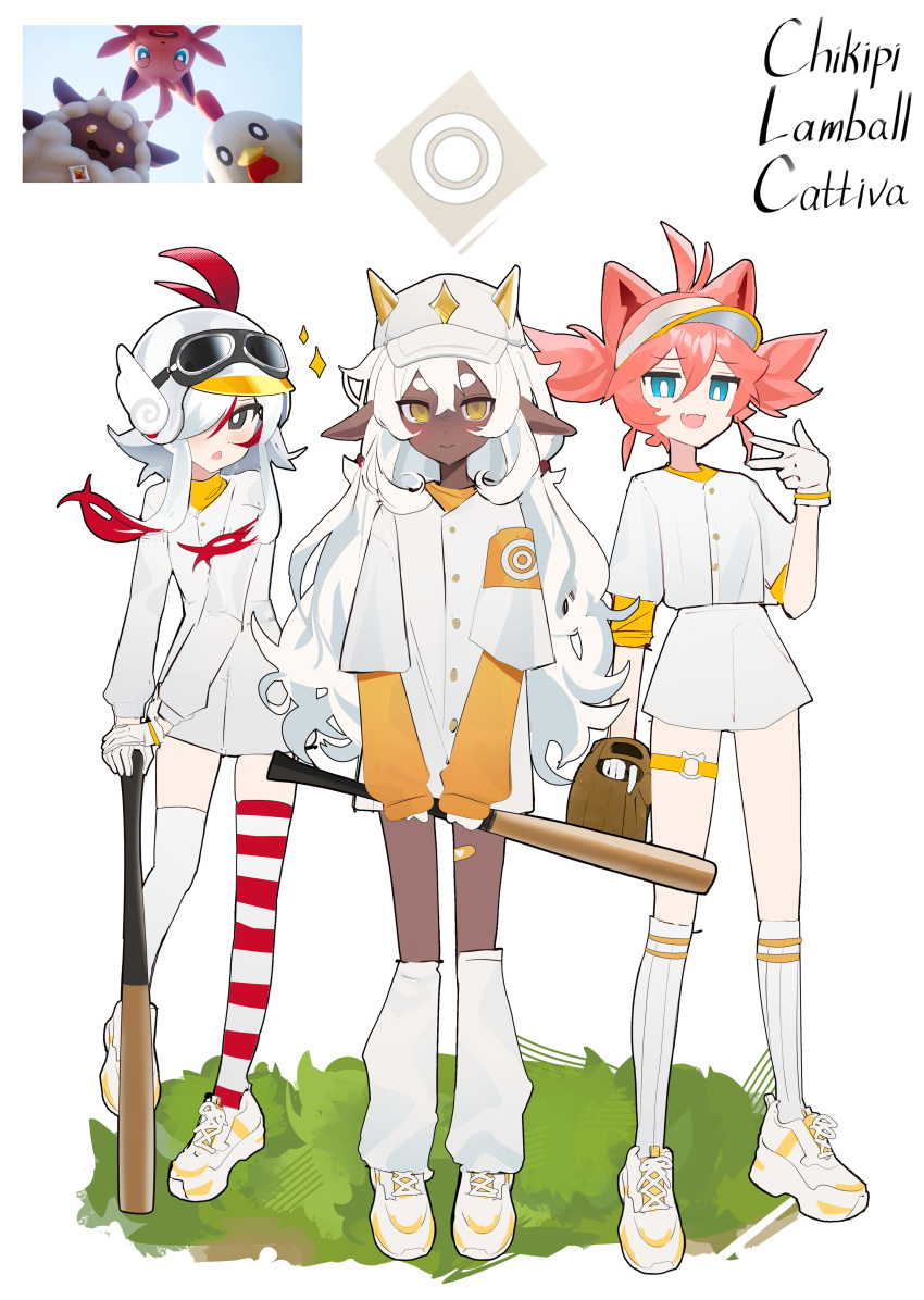 3girls :d absurdres animal_ears antenna_hair asymmetrical_legwear baseball_bat baseball_cap baseball_helmet baseball_mitt baseball_uniform black_eyes blue_eyes bright_pupils cat_ears cat_girl cattiva character_name chikipi closed_mouth dark-skinned_female dark_skin fang gloves goggles goggles_on_headwear hair_over_one_eye hat helmet highres holding holding_baseball_bat horns horns_through_headwear lamball long_hair long_sleeves loose_socks mismatched_legwear multicolored_hair multiple_girls o-ring o-ring_thigh_strap open_mouth palworld personification pink_hair red_hair reference_inset reiko_lape sheep_ears sheep_girl sheep_horns shirt shoelaces shoes short_hair short_twintails shorts skin_fang smile socks sparkle sportswear standing striped_clothes striped_thighhighs thigh_strap thighhighs twintails two-tone_footwear two-tone_hair very_long_hair visor_cap white_footwear white_gloves white_hair white_pupils white_shirt white_shorts white_socks white_thighhighs winged_helmet yellow_eyes yellow_footwear yellow_horns