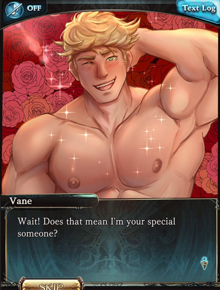 1boy bara bara_emperor blonde_hair blush character_name english_text floral_background flower granblue_fantasy green_eyes hand_on_own_head highres large_pectorals looking_at_viewer male_focus muscular muscular_male nipples open_mouth pectorals rose rose_background short_hair smile solo sparkling_aura vane_(granblue_fantasy)