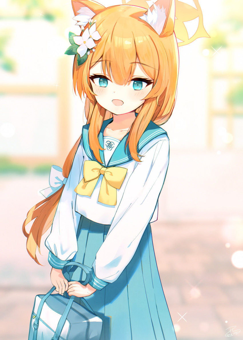 1girl animal_ear_fluff animal_ears bag blue_archive blue_eyes blue_sailor_collar blue_skirt blush commentary_request flower hair_flower hair_ornament halo highres holding holding_bag long_hair long_sleeves looking_at_viewer mari_(blue_archive) nishi_yasuaki open_mouth orange_hair pleated_skirt sailor_collar school_uniform serafuku skirt smile solo white_flower yellow_halo