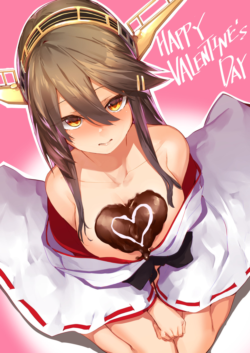 1girl black_hair blush breasts chocolate chocolate_on_body chocolate_on_breasts closed_mouth collarbone food_on_body hair_between_eyes hairband happy_valentine haruna_(kancolle) headgear highres kantai_collection kyougoku_touya large_breasts long_hair looking_at_viewer ribbon-trimmed_sleeves ribbon_trim solo valentine white_sleeves wide_sleeves yellow_eyes