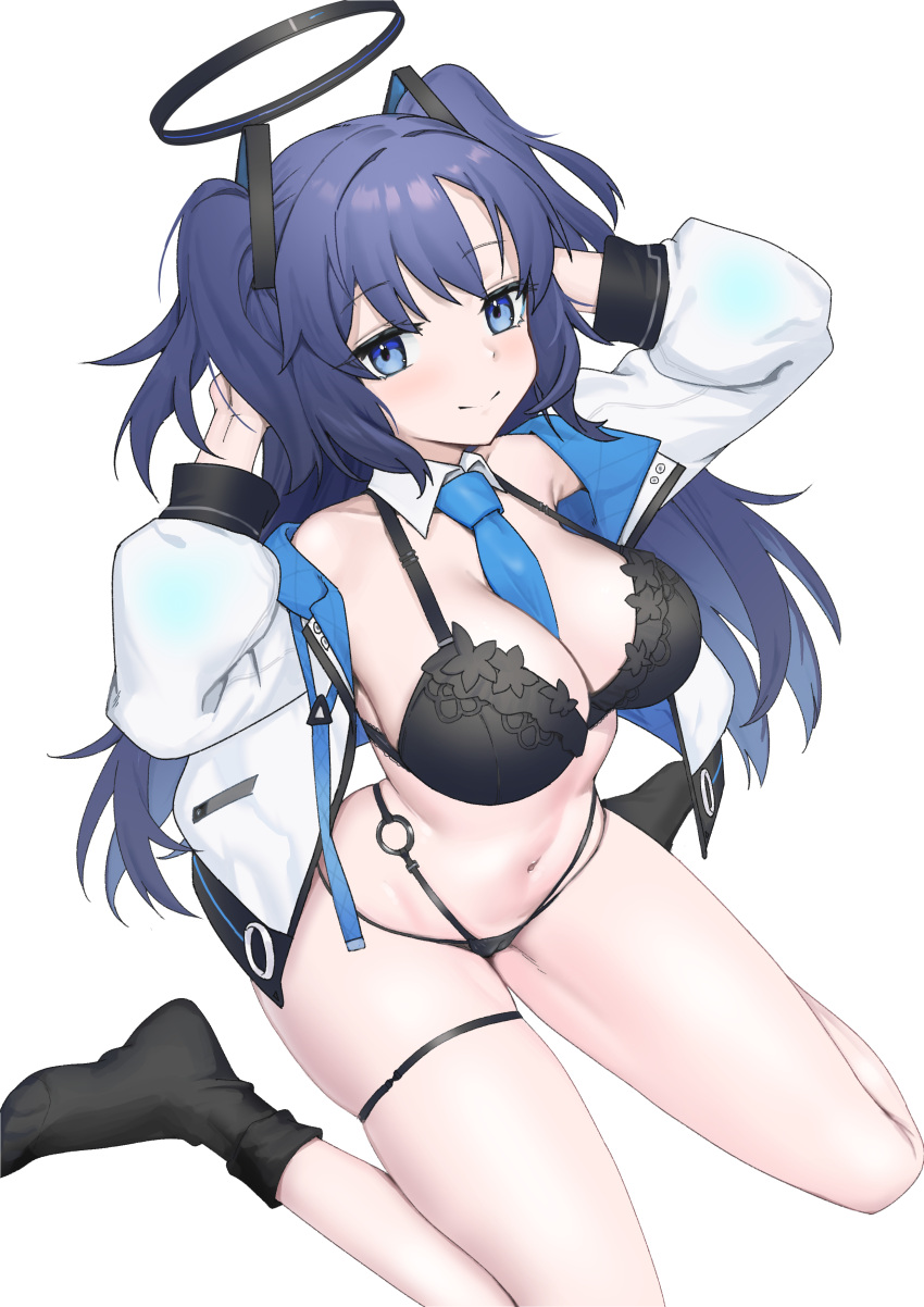 1girl absurdres arashi_(alais) arms_up bare_shoulders between_breasts black_bra black_panties black_socks blue_archive blue_necktie blush bra breasts cleavage detached_collar full_body hair_between_eyes halo highres horns jacket large_breasts lingerie long_hair long_sleeves looking_at_viewer navel necktie necktie_between_breasts open_clothes open_jacket panties simple_background sitting smile socks solo stomach thigh_strap thighs underwear very_long_hair white_background yuuka_(blue_archive)