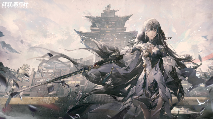 1girl architecture bird black_hair breasts castle china_dress chinese_clothes cleavage cloud cloudy_sky copyright_name dress east_asian_architecture grey_eyes hair_ornament headdress highres holding holding_sword holding_weapon logo long_hair mole mole_under_mouth official_art outdoors punishing:_gray_raven qu_(punishing:_gray_raven) second-party_source sky solo sword tassel weapon