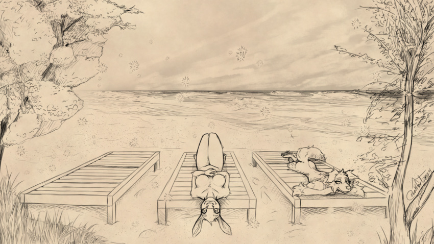 2024 anthro beach bench blokfort breasts deer duo female fur looking_at_viewer lying mammal monochrome nipples nude plant sand sea seaside sketch tree water