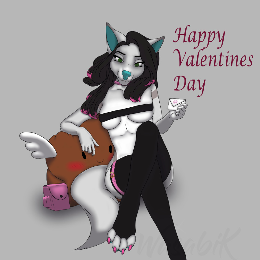 anthro canid canine canis digital_drawing_(artwork) digital_media_(artwork) english_text female hi_res holidays letter looking_at_viewer mammal plushie sheri_blossom simple_background smile solo tail text thigh_belt valentine's_day wasabikitten wolf