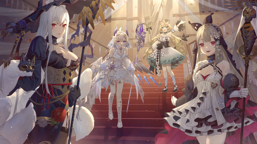 4girls :o ahoge animal_ear_fluff animal_ears aqua_eyes aqua_nails bare_shoulders black_thighhighs blonde_hair braid breasts cat_ears cleavage cleavage_cutout clothing_cutout commentary corset crown detached_sleeves enna_alouette enna_alouette_(2nd_costume) ethyria facial_mark falling_petals fingernails floral_print flower fork fox_ears fox_tail giant_fork gloves grey_hair hair_flower hair_ornament hat head_wings highres holding holding_fork holding_staff large_breasts large_hat light_smile long_fingernails long_hair looking_at_viewer low_twintails medium_hair millie_parfait millie_parfait_(2nd_costume) mini_crown multiple_girls nijisanji nijisanji_en nina_kosaka nina_kosaka_(2nd_costume) open_mouth petals purple_eyes red_eyes reimu_endou reimu_endou_(2nd_costume) robert_(nina_kosaka) small_breasts smile staff sun_hat symbol-only_commentary tail thighhighs twintails very_long_hair virtual_youtuber wenz white_hair white_thighhighs wings