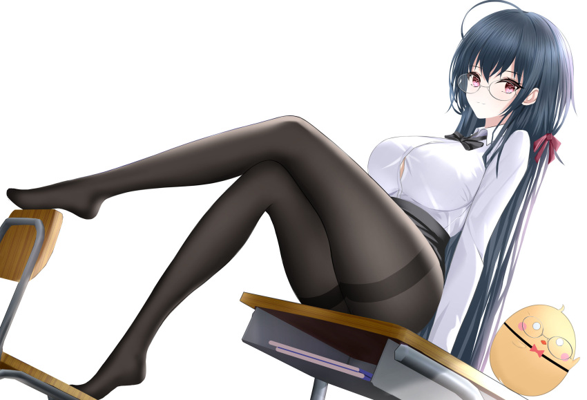 1girl ahoge azur_lane bespectacled black_bow black_bowtie black_hair black_pantyhose black_skirt bow bowtie breasts collared_shirt crossed_legs desk full_body glasses hair_between_eyes hair_ribbon highres large_breasts long_hair long_sleeves looking_at_viewer manjuu_(azur_lane) miniskirt official_alternate_costume on_desk pantyhose red_eyes red_ribbon ribbon round_eyewear school_desk school_uniform shirt simple_background sitting sitting_on_desk skirt solo taihou_(azur_lane) taihou_(sweet_time_after_school)_(azur_lane) thighband_pantyhose tina_(tinafya) very_long_hair white_background white_shirt