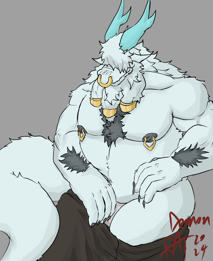 absurd_res anthro blue_body blue_fur body_hair chest_hair chest_tuft clothing demonrat dragon eastern_dragon facial_piercing fur hair hi_res male nipple_piercing nipples nose_piercing overweight piercing smile solo tuft underwear undressing