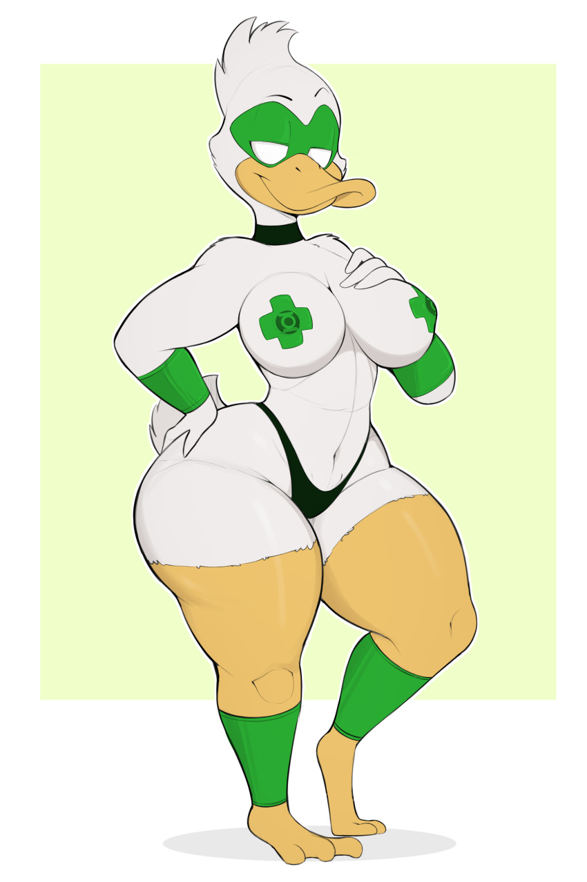 absurd_res anatid anseriform anthro armwear avian beak big_breasts bird breasts clothed clothing curvy_figure duck feathers feet female green_lantern_(series) hand_on_hip hand_on_own_breast hand_on_own_hip hi_res legwear mask non-mammal_breasts panties pasties skimpy solo thick_thighs toes underwear usnarbit voluptuous white_body white_feathers wide_hips yellow_body