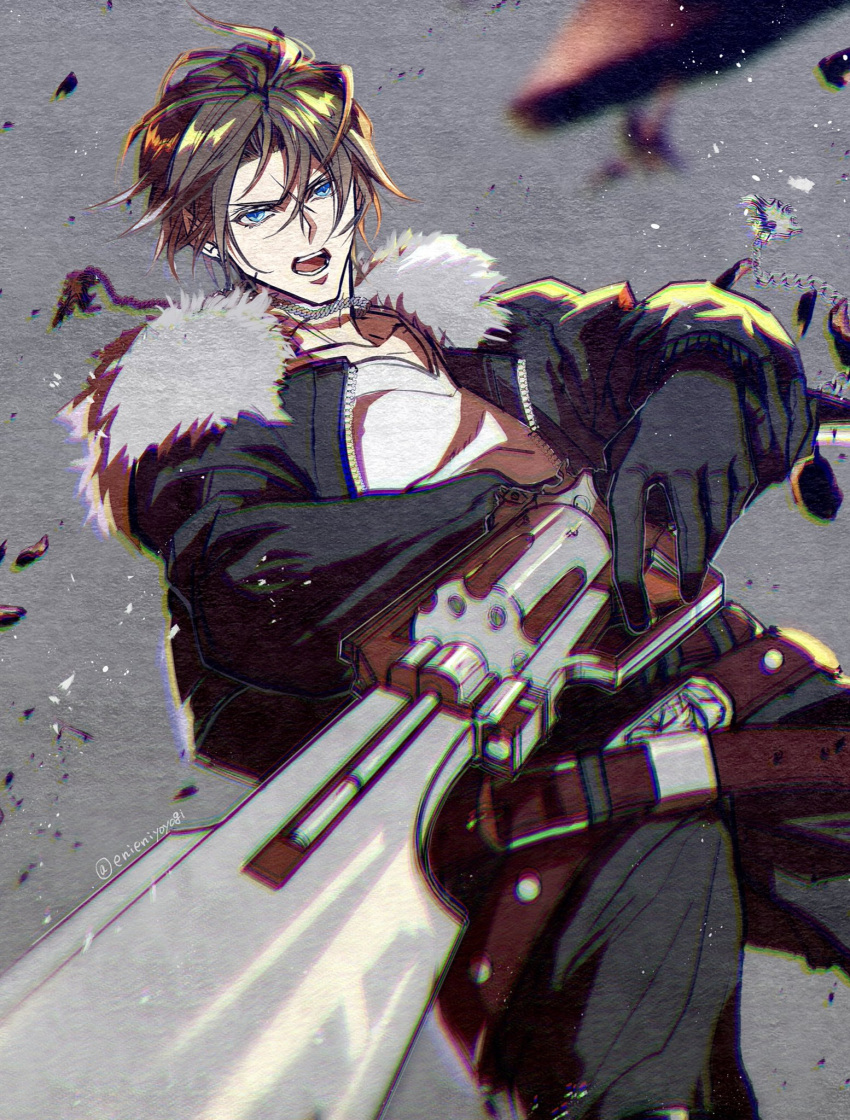 1boy belt black_gloves black_jacket black_pants blue_eyes brown_belt brown_hair chain_necklace cowboy_shot eni_(yoyogieni) fighting_stance final_fantasy final_fantasy_viii fur-trimmed_jacket fur_trim furrowed_brow gloves grey_background gunblade hair_between_eyes highres holding holding_weapon jacket jewelry long_sleeves looking_at_viewer male_focus multiple_belts necklace open_mouth pants scar scar_on_face scar_on_forehead shirt short_hair solo squall_leonhart weapon white_shirt