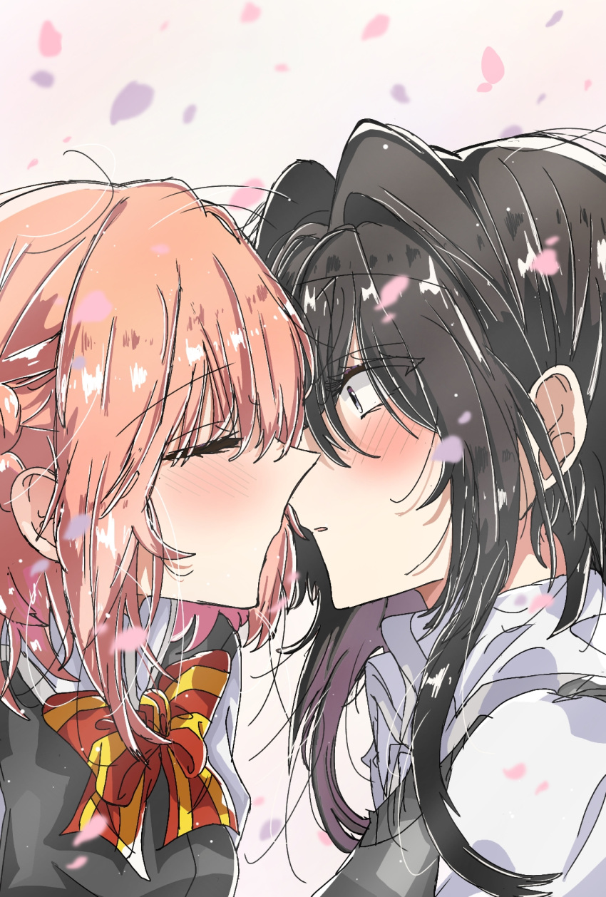 2girls asanagi_yori black_hair black_sweater_vest black_vest blush bow bowtie braid closed_eyes collared_shirt dress_shirt english_commentary falling_petals hair_between_eyes hair_intakes highres imminent_kiss kino_himari medium_hair multiple_girls orange_hair parted_lips petals red_bow red_bowtie sasayaku_you_ni_koi_wo_utau school_uniform shirt short_hair sidelocks striped_bow striped_bowtie striped_clothes sweater_vest upper_body vest white_shirt wide-eyed yoruneko_(liampadolina) yuri