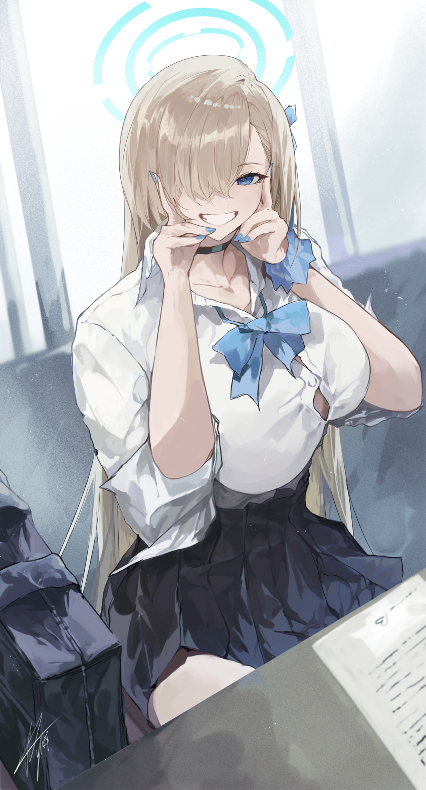 1girl absurdres asuna_(blue_archive) asymmetrical_bangs bag black_choker blue_archive blue_bag blue_bow blue_bowtie blue_eyes blue_nails blue_ribbon blue_scrunchie blue_skirt bow bowtie button_gap choker collarbone collared_shirt commentary dress_shirt grin hair_over_one_eye hair_ribbon halo hands_on_own_cheeks hands_on_own_face highres long_hair looking_at_viewer nail_polish pleated_skirt ribbon school_bag school_uniform scrunchie shirt signature sitting skirt smile solo very_long_hair white_shirt wrist_scrunchie yuki_flourish