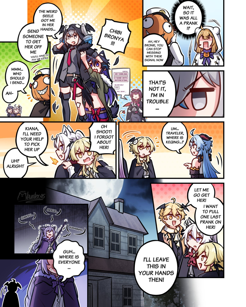 2boys 6+girls aether_(genshin_impact) ahoge animal_ears benghuai_xueyuan blonde_hair blue_eyes blue_hair bronya_zaychik bronya_zaychik_(haxxor_bunny) captain_(honkai_impact) cat_ears ganyu_(genshin_impact) genshin_impact grey_eyes grey_hair halloween halloween_costume highres honkai:_star_rail honkai_(series) honkai_impact_3rd kafka_(honkai:_star_rail) keqing_(genshin_impact) kiana_kaslana kiana_kaslana_(herrscher_of_finality) lumine_(genshin_impact) mhunter_45 multicolored_hair multiple_boys multiple_girls purple_eyes purple_hair scared seele_(honkai:_star_rail) seele_vollerei susannah_manatt two-tone_hair yellow_eyes