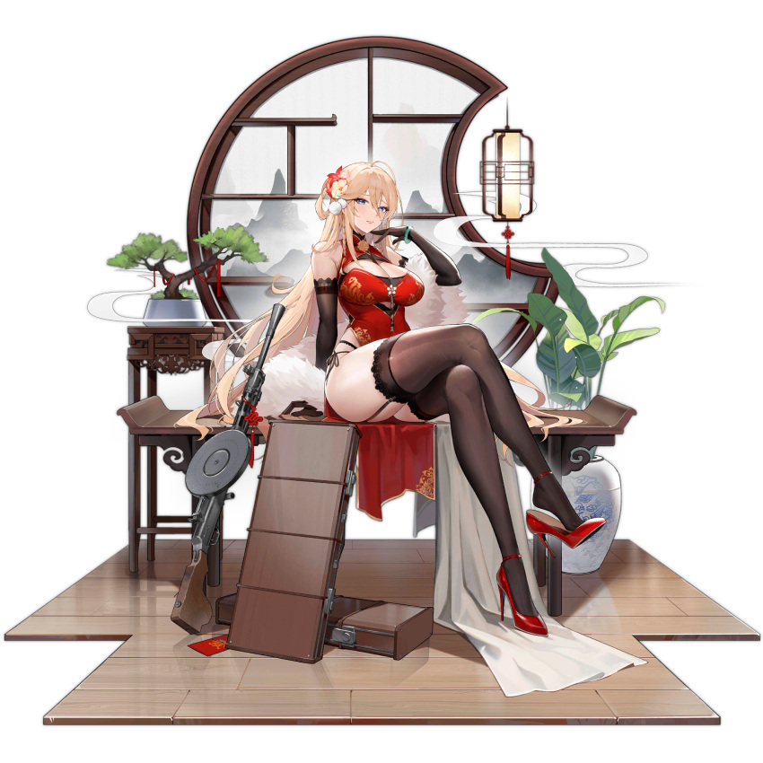 1girl artist_request bare_shoulders black_gloves black_thighhighs blonde_hair blue_eyes bonsai breasts china_dress chinese_clothes cleavage cleavage_cutout closed_mouth clothing_cutout crossed_legs dp-27 dp28_(coiling_morning_glory)_(girls'_frontline) dp28_(girls'_frontline) dress elbow_gloves flower full_body fur_shawl girls'_frontline gloves green_bracelet hair_between_eyes hair_flower hair_ornament hand_up high_heels highres lantern large_breasts light_blush long_hair looking_at_viewer official_alternate_costume official_art paper_lantern plant potted_plant red_dress red_footwear shawl shoe_dangle simple_background sitting skindentation smile solo thighhighs third-party_source transparent_background vase very_long_hair weapon_case wooden_floor