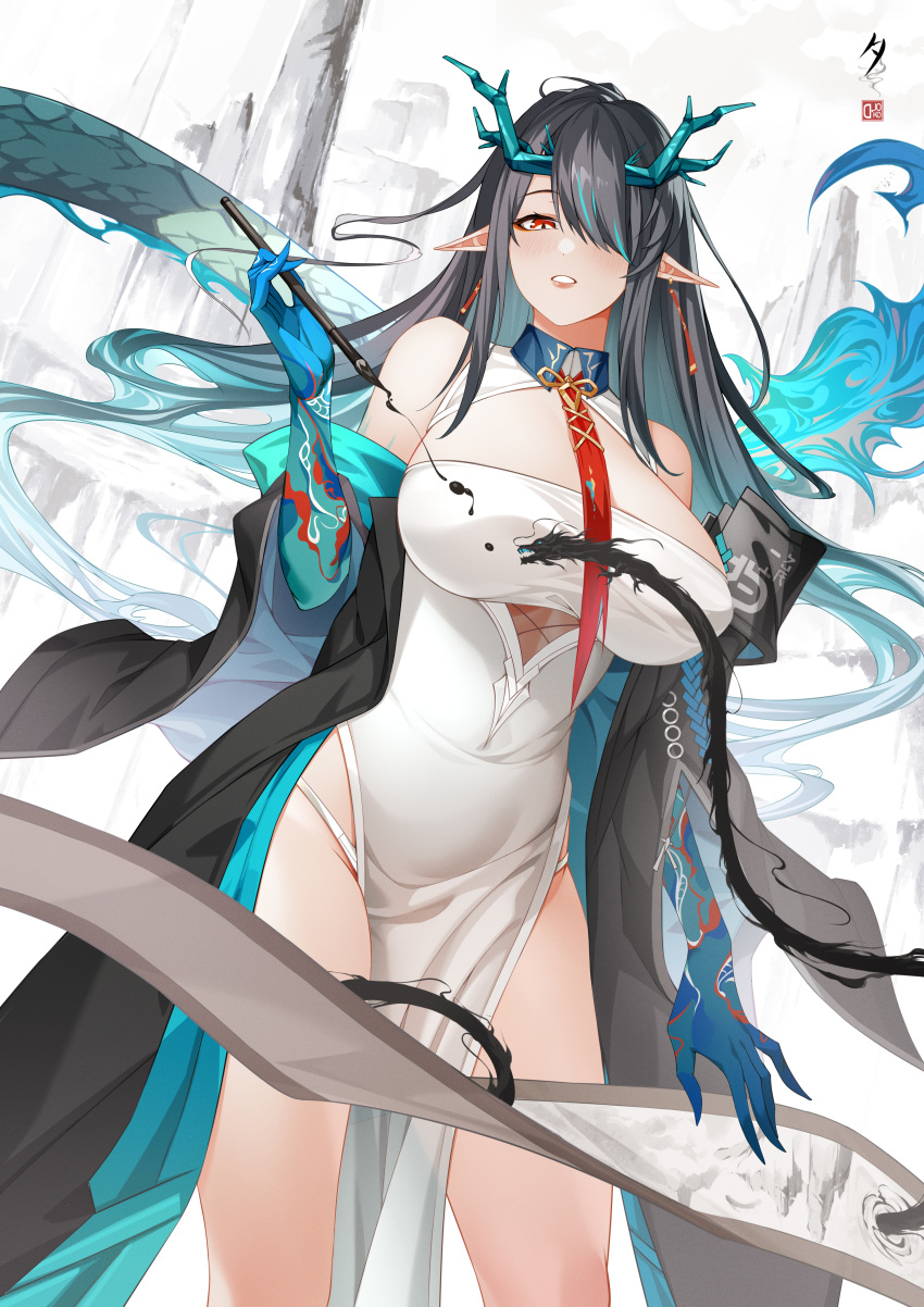 1girl absurdres arknights black_coat black_hair blue_hair blush breasts china_dress chinese_clothes chinese_commentary cleavage_cutout clothing_cutout coat colored_skin commentary_request d._joko dragon dragon_girl dragon_horns dragon_tail dress dusk_(arknights) earrings flame-tipped_tail floating_hair hair_over_one_eye hair_spread_out highres holding holding_brush horns jewelry large_breasts long_hair looking_at_viewer multicolored_hair necktie off_shoulder open_clothes open_coat open_mouth panties pointy_ears red_eyes red_necktie solo streaked_hair tail tassel tassel_earrings underwear variant_set white_dress white_panties