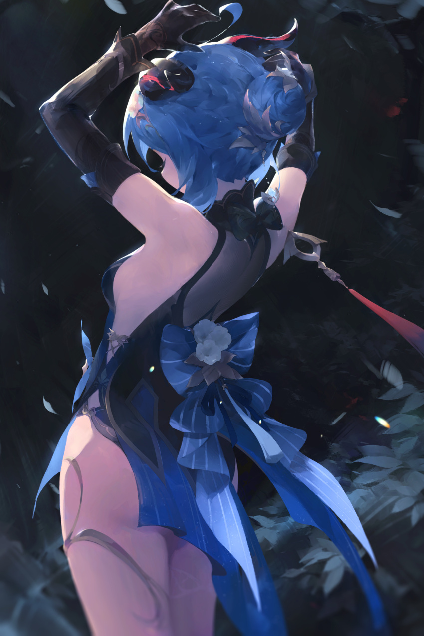 1girl ahoge arms_up back_bow bare_shoulders black_background black_bow black_gloves black_sleeves blue_bow blue_dress blue_hair bow breasts closed_eyes commentary cowboy_shot detached_sleeves dress english_commentary facing_away falling_petals flower foreshortening from_behind ganyu_(genshin_impact) ganyu_(twilight_blossom)_(genshin_impact) genshin_impact gloves goat_horns hair_bun hair_ornament hand_on_own_head highres horns juffles medium_breasts official_alternate_costume official_alternate_hairstyle petals sideless_dress single_hair_bun sleeveless sleeveless_dress solo tassel thighlet thighs two-tone_dress white_flower