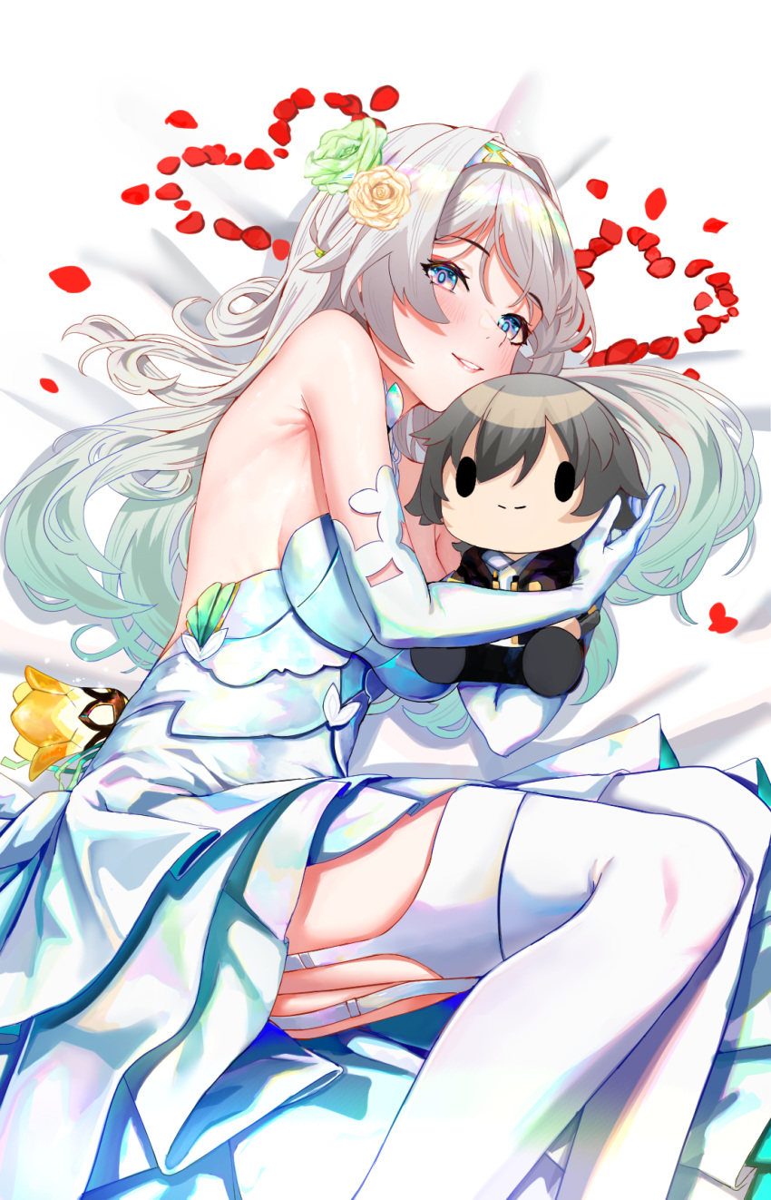 1boy 1girl :d agino armpit_crease bare_shoulders bed blue_eyes blue_pupils blush caelus_(honkai:_star_rail) character_doll chibi commentary_request dress elbow_gloves feet_out_of_frame firefly_(honkai:_star_rail) from_above garter_straps gloves gradient_hair green_hair grey_hair hair_intakes hair_spread_out heart highres honkai:_star_rail honkai_(series) knees_together_feet_apart layered_dress long_hair looking_at_viewer lying multicolored_hair on_bed on_side open_mouth petals pink_eyes pleated_dress rose_petals sidelocks smile solo strapless strapless_dress teeth thighhighs thighs trailblazer_(honkai:_star_rail) two-tone_eyes white_gloves white_thighhighs