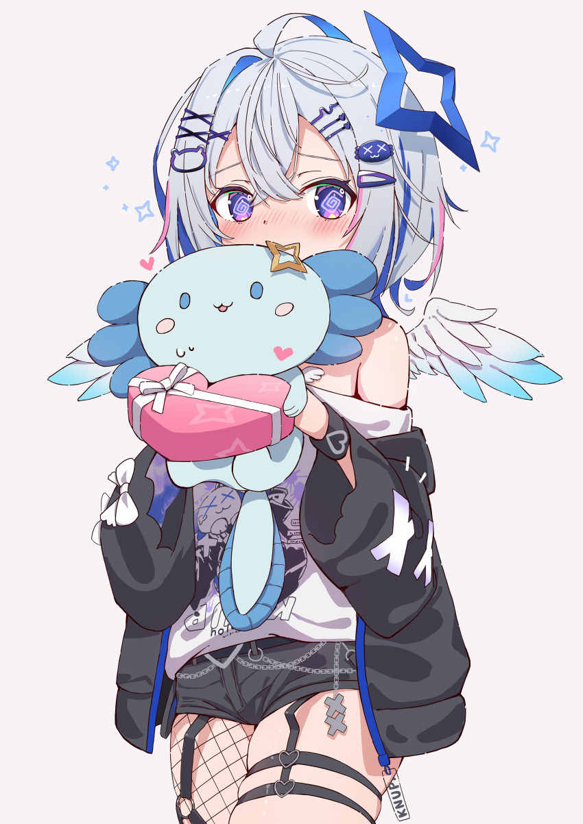 1girl @_@ absurdres amane_kanata amane_kanata_(6th_costume) angel angel_wings axolotl blue_hair blush box candy chocolate colored_inner_hair fishnet_pantyhose fishnets food grey_hair hair_between_eyes hair_ornament hairclip heart heart-shaped_box heart-shaped_chocolate highres hololive jacket juu_p multicolored_hair off_shoulder pantyhose purple_eyes shirt short_hair short_shorts shorts simple_background single_fishnet_legwear skindentation solo thigh_strap thighs upao_(amane_kanata) valentine virtual_youtuber white_shirt wings x_hair_ornament