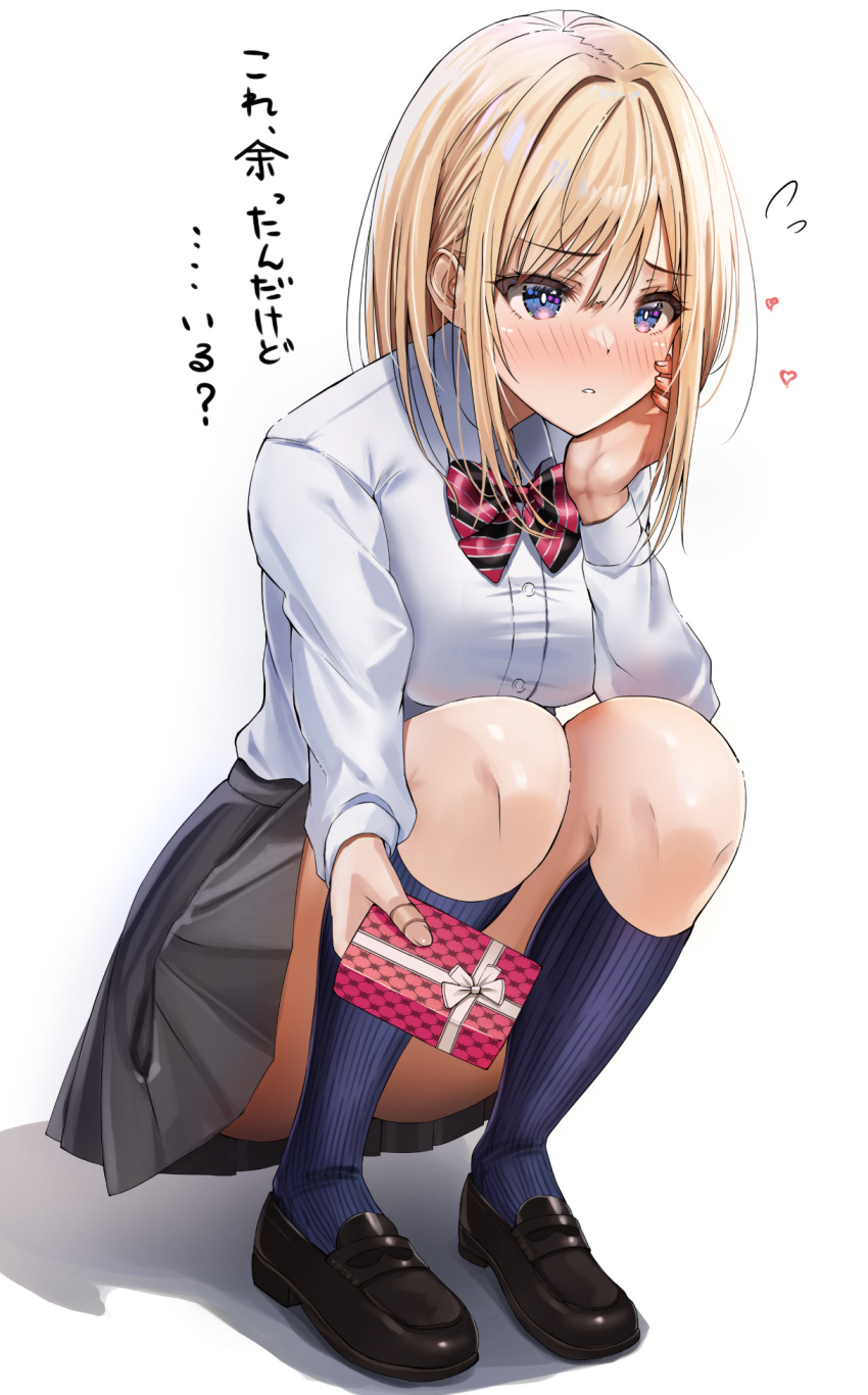 1girl bandaid bandaid_on_hand black_footwear black_skirt black_socks blonde_hair blue_eyes blush collared_shirt commentary_request embarrassed full_body gift hair_between_eyes hand_on_own_face highres holding holding_gift long_hair long_shirt long_sleeves original outstretched_arm parted_lips pleated_skirt school_uniform shirt sidelocks simple_background skirt socks solo squatting thighs uniform valentine white_background white_shirt yukemuriganmo