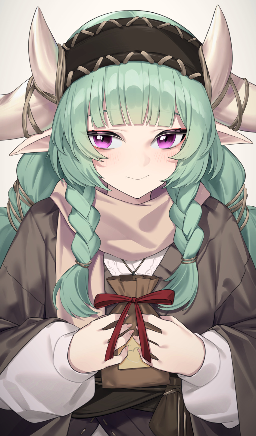 1girl absurdres aqua_hair blush braid brown_shirt closed_mouth english_commentary gift grey_background highres holding holding_gift horns long_hair long_sleeves looking_at_viewer original pointy_ears purple_eyes shirt simple_background smile solo straight-on twin_braids upper_body valentine wakamepiza