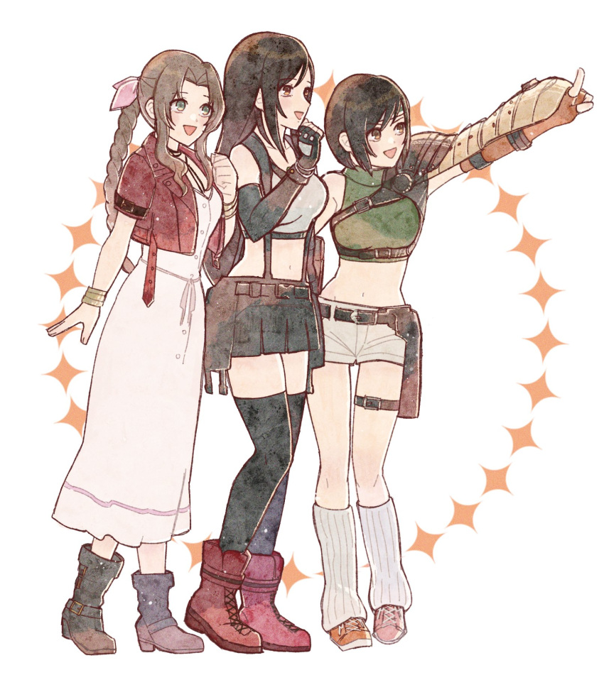 3girls aerith_gainsborough armor bangle bare_shoulders black_bra black_gloves black_hair black_skirt black_thighhighs boots bra bracelet breasts brown_eyes brown_footwear brown_hair chest_strap choker crop_top cropped_jacket dress elbow_gloves final_fantasy final_fantasy_vii final_fantasy_vii_rebirth final_fantasy_vii_remake fingerless_gloves full_body gloves green_eyes green_skirt grey_shorts hair_ribbon hand_on_own_chest hand_to_own_mouth headband highres jacket jewelry large_breasts long_dress long_hair looking_to_the_side loose_socks medium_breasts midriff miniskirt multiple_girls navel open_mouth orange_footwear orange_gloves outstretched_arm parted_bangs pink_dress pink_ribbon pointing red_footwear red_jacket rena_s1226 ribbon ribbon_choker shirt shoes short_hair short_shorts short_sleeves shorts shoulder_armor sidelocks single_bare_shoulder single_shoulder_pad skirt sleeveless sleeveless_shirt sleeveless_turtleneck smile sneakers socks sports_bra suspenders thigh_strap thighhighs tifa_lockhart turtleneck underwear wavy_hair white_shirt yuffie_kisaragi