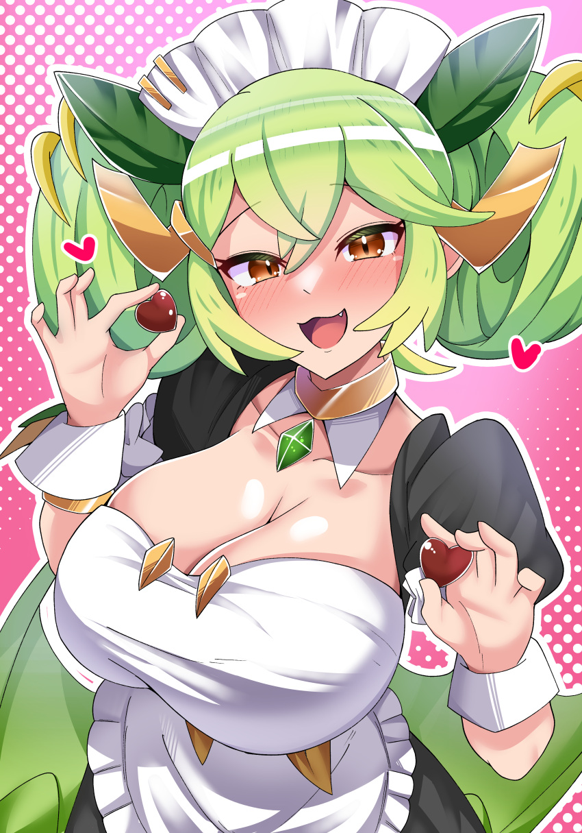 1girl absurdres apron ashikoshi_jakushi blush breasts brown_eyes cleavage dragon_girl dragon_tail duel_monster frilled_apron frills green_hair green_tail hair_between_eyes highres large_breasts looking_at_viewer maid_headdress open_mouth parlor_dragonmaid pink_background smile solo tail valentine white_apron yu-gi-oh!