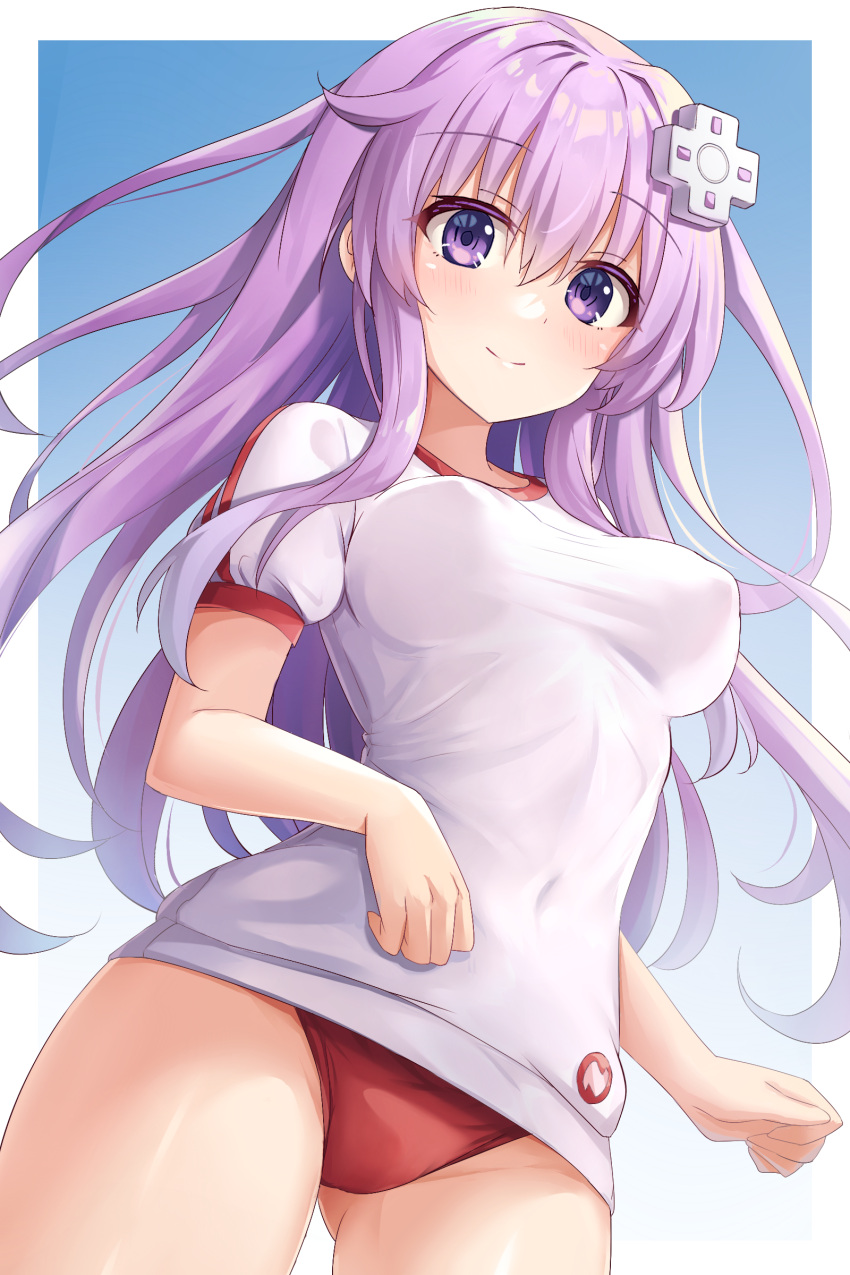 1girl absurdres blush border breasts buruma closed_mouth commentary_request covered_nipples d-pad d-pad_hair_ornament gym_shirt hair_ornament highres kazuneko_(wktk1024) long_hair medium_breasts nepgear neptune_(series) purple_eyes purple_hair red_buruma shirt short_sleeves smile solo standing white_border white_shirt