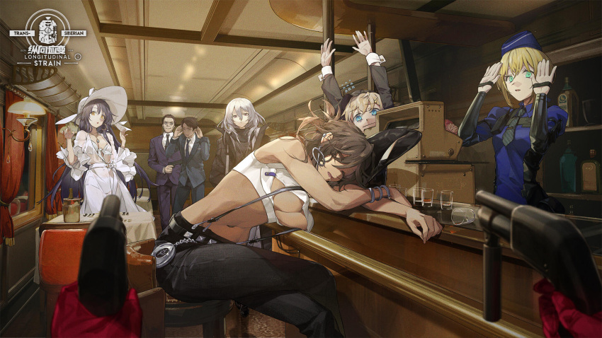 2boys 6+girls alcohol arms_up artist_request bags_under_eyes bangle bikini black_coat black_hair black_headwear black_pants blue_dress blue_headwear blue_suit bottle bracelet breasts brown_hair cash_register catherine_ponzi_(girls'_frontline) chair chinese_commentary closed_eyes clothing_cutout coat colt_walker_(girls'_frontline) commentary_request counter crop_top cup dark-skinned_female dark_skin diagonal-striped_clothes diagonal-striped_necktie dress drinking_glass drunk dual_wielding earrings expressionless female_pov finger_on_trigger flying_sweatdrops girls'_frontline gloves green_eyes gun hair_between_eyes hair_ornament hairclip handgun hands_up hat highres holding holding_gun holding_weapon jewelry large_breasts long_hair long_sleeves looking_at_viewer multiple_boys multiple_girls navel necktie nikolai_vasileyevich_(girls'_frontline) official_alternate_costume official_art on_counter pants paula_snow pov red_curtains red_gloves robbery see-through see-through_dress shelf shirt short_hair shot_glass shotgun sleeping sleeveless sleeveless_shirt striped_clothes suit suspenders swimsuit syuzanna_(girls'_frontline) table tareus_(girls'_frontline) third-party_source train_interior underboob underboob_cutout valeriya_lyuba_(girls'_frontline) very_long_hair walkie-talkie wavy_mouth weapon weapon_request white_bikini white_hair white_headwear white_shirt wide_brim wide_sleeves yellow_eyes