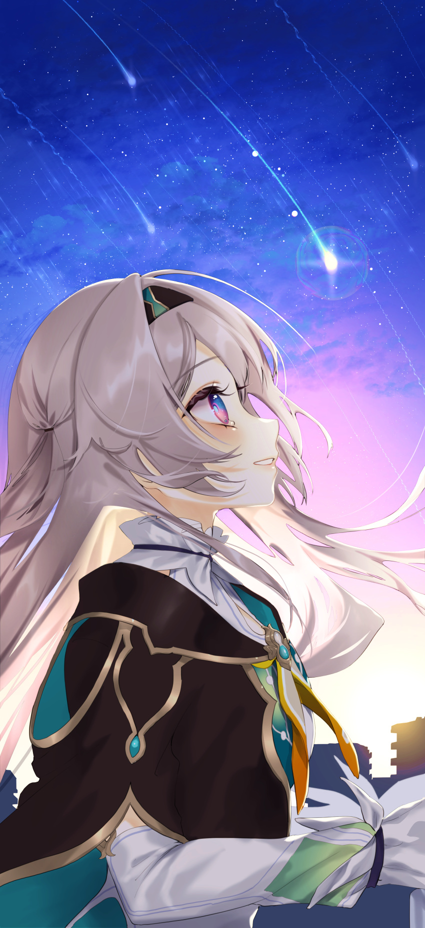 1girl absurdres crying dress firefly_(honkai:_star_rail) highres honkai:_star_rail honkai_(series) long_hair long_sleeves looking_up meteor_shower mokokiyo_(asaddr) neckerchief parted_lips purple_eyes sky smile solo star_(sky) starry_sky sunrise two_side_up upper_body white_dress white_hair yellow_neckerchief