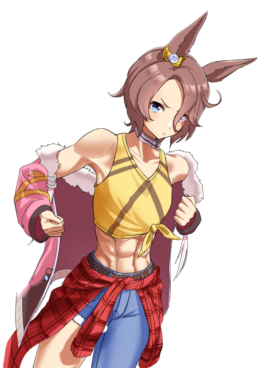 1girl absurdres animal_ears armpits asymmetrical_clothes bare_shoulders belt blue_eyes breasts brown_hair closed_mouth commentary_request cowboy_shot denim groin hair_between_eyes highres horse_ears horse_girl horse_tail jacket jacket_partially_removed jeans midriff muscular muscular_female narita_taishin_(umamusume) navel pants pink_jacket senchan_7 shirt short_hair simple_background single_pantsleg sleeveless sleeveless_shirt small_breasts solo tail tied_shirt umamusume unworn_jacket v-neck white_background yellow_shirt