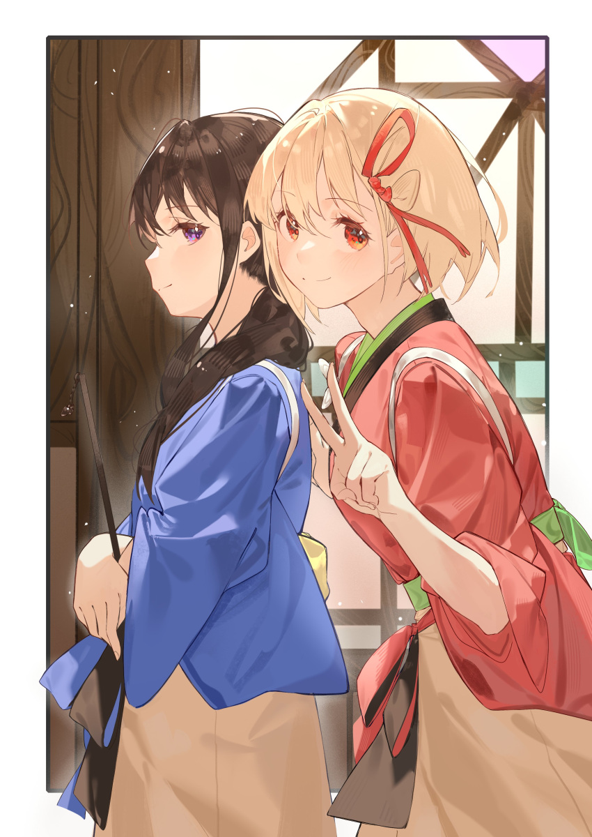 2girls absurdres black_hair blonde_hair blue_kimono blush bob_cut border chinese_commentary closed_mouth commentary_request dkl_(dinosaurkl2) hair_between_eyes hair_ribbon highres indoors inoue_takina japanese_clothes kimono light_particles long_hair lycoris_recoil multiple_girls nishikigi_chisato official_alternate_costume official_alternate_hairstyle one_side_up outside_border purple_eyes red_eyes red_kimono red_ribbon ribbon short_hair sidelocks sleeves_past_elbows smile tasuki twintails v white_border