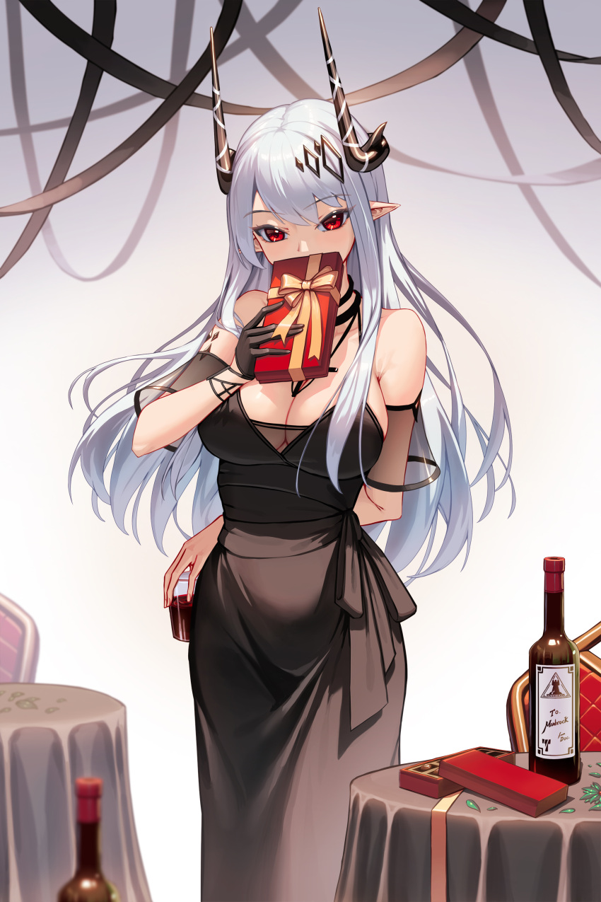 1girl absurdres alcohol arknights bare_shoulders black_choker black_dress black_gloves bowlp box breasts choker cleavage detached_sleeves dress earrings gift gift_box gloves highres holding holding_gift horns jewelry large_breasts long_hair looking_at_viewer mudrock_(arknights) mudrock_(obsidian)_(arknights) navel necklace official_alternate_costume oripathy_lesion_(arknights) pointy_ears red_eyes short_sleeves solo standing thighs very_long_hair white_hair wine
