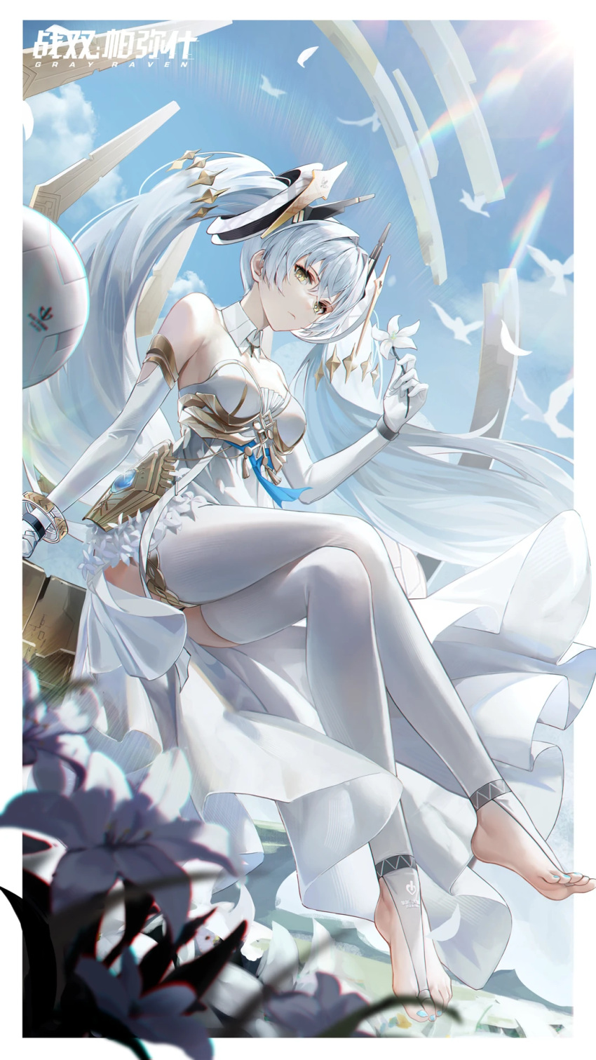 1girl bare_shoulders barefoot bird blue_nails blue_sky breasts bridal_legwear character_request cloud copyright_name day elbow_gloves flower gloves hair_ornament highres holding holding_flower logo long_hair nail_polish official_art punishing:_gray_raven second-party_source sitting sky solo thighhighs twintails white_flower white_hair yellow_eyes