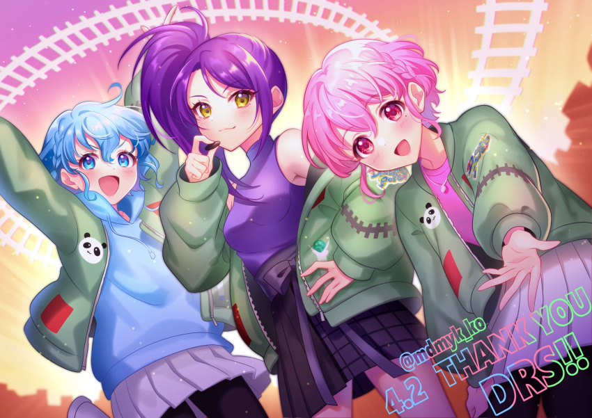 1boy 2girls :d arms_up bare_shoulders black_skirt blue_eyes blue_hair blue_hoodie blush brother_and_sister commentary_request crossdressing dorothy_west green_jacket hair_between_eyes hand_on_own_hip hand_up highres hood hood_down hoodie jacket jewelry long_hair long_sleeves looking_at_viewer mendamen mole mole_under_eye multiple_girls necklace off_shoulder open_hand open_mouth otoko_no_ko outstretched_arms pink_eyes pink_hair pink_shirt pleated_skirt pretty_series pripara purple_hair purple_shirt reaching reaching_towards_viewer reona_west shirt short_hair siblings side_ponytail skirt smile standing toudou_shion twins twitter_username white_skirt yellow_eyes