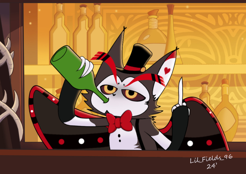 alcohol anthro bar beverage bottle bow_(disambiguation) claws clothing container demon domestic_cat drinking ears_up eyebrows feathered_wings feathers felid feline felis finger_claws fur gesture glass grey_body grey_fur hat hazbin_hotel headgear headwear holding_(disambiguation) husk_(hazbin_hotel) lil_fields96 looking_at_viewer male mammal middle_finger necktie shirtless solo suspenders top_hat wings yellow_eyes