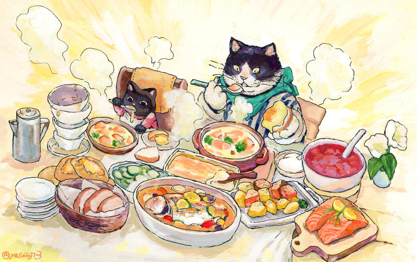 2others animal bowl bread bread_slice casserole cat clothed_animal coffee_pot cooking_pot cutting_board eating fish_(food) food highres holding holding_spoon multiple_others no_humans original plate salmon sitting spoon steam stew too_much_food twitter_username yasaioji3